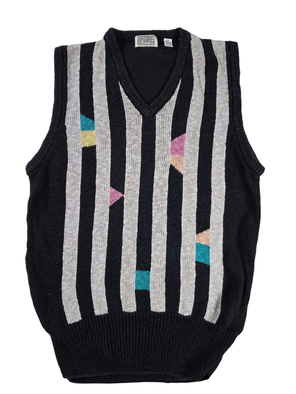 80s GIANFRANCO RUFFINI Sweater Vest Black White Geometric Colorblock Stripe